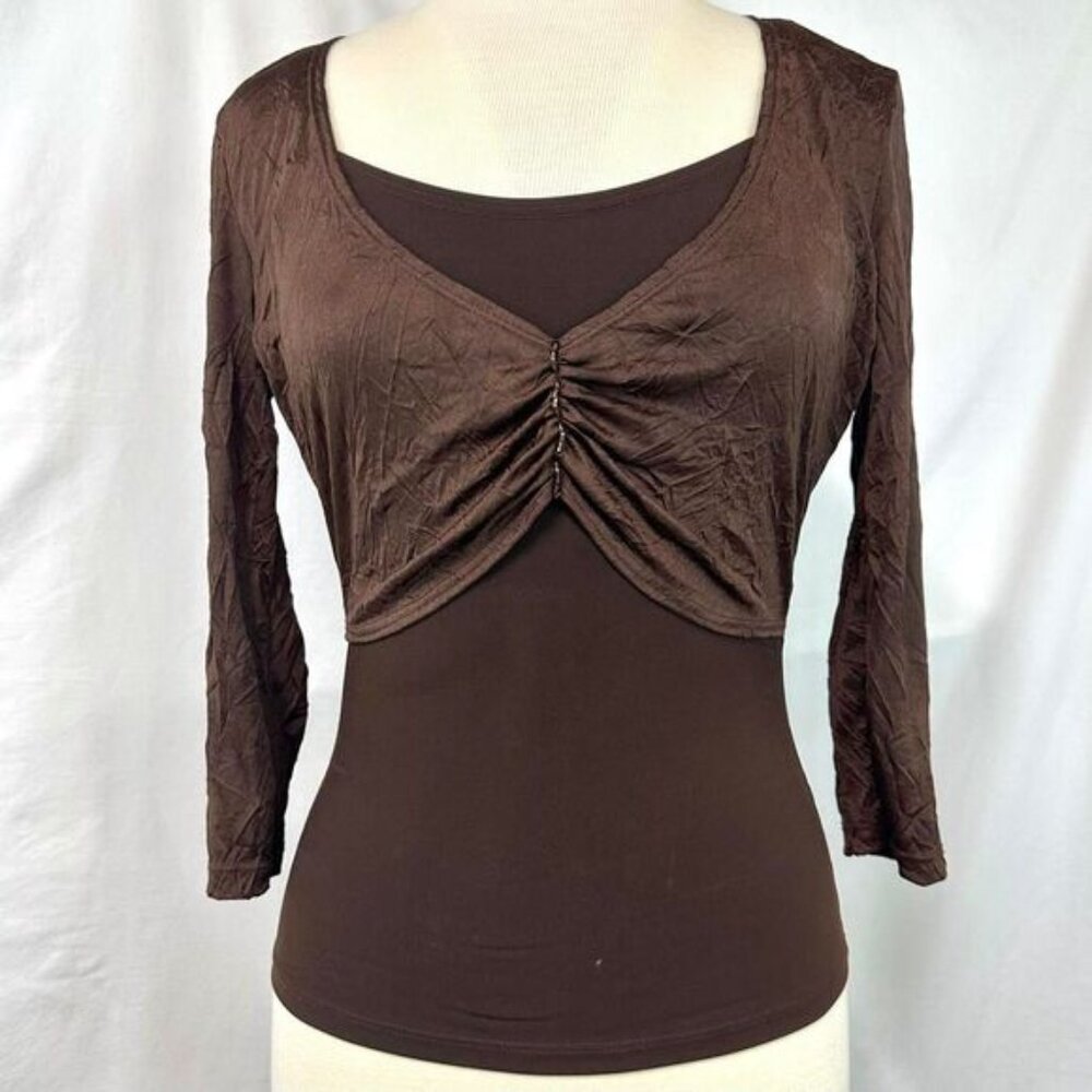 AMY BYER Vintage 2000s Y2K Brown Layered Shrug Tank Top Beaded Womens M Bohemian